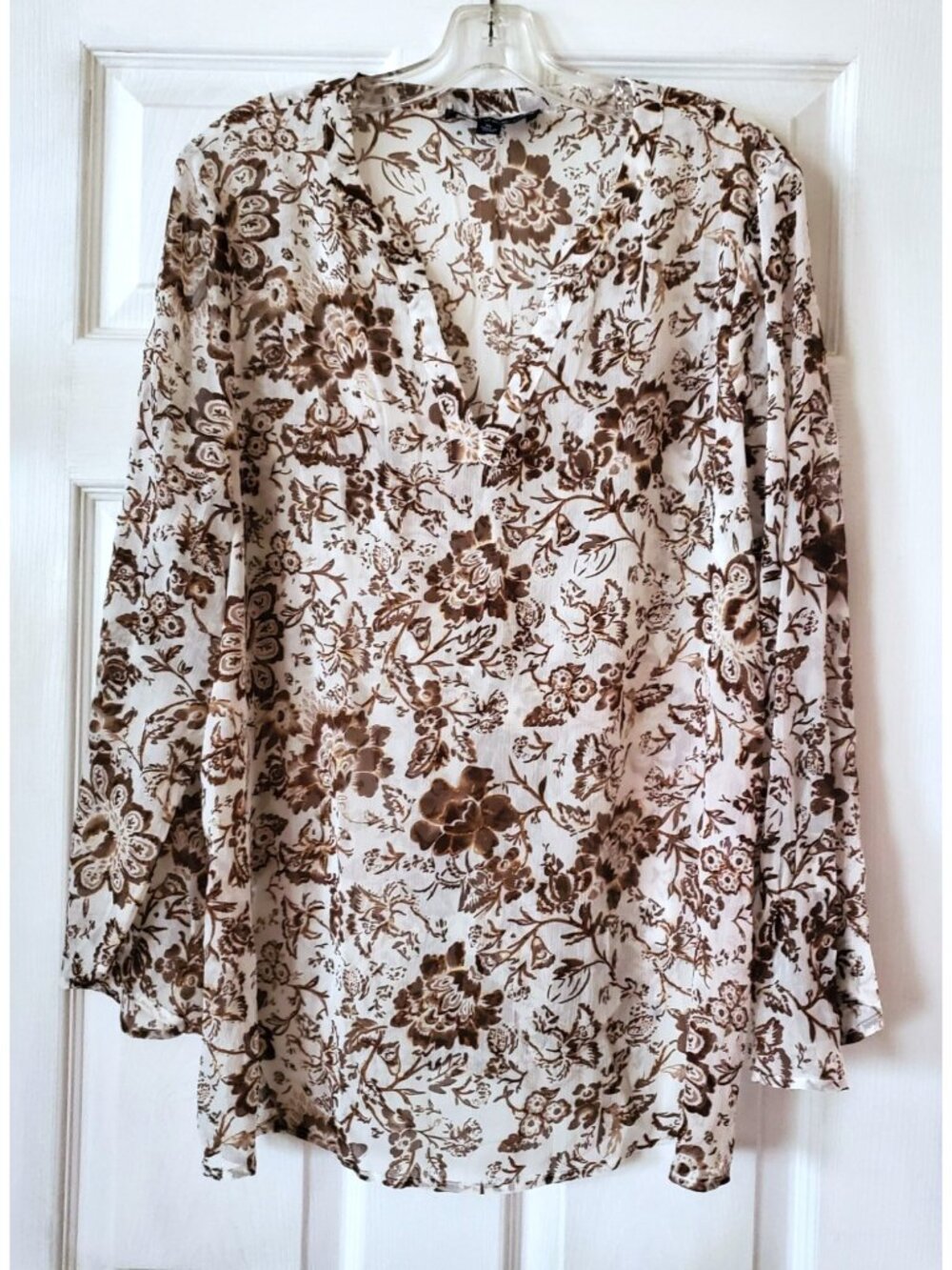 VINTAGE SUSAN GRAVER STYLE SHEER BROWN  GOLD FLORAL COLLARLESS BLOUSE XL NWOT